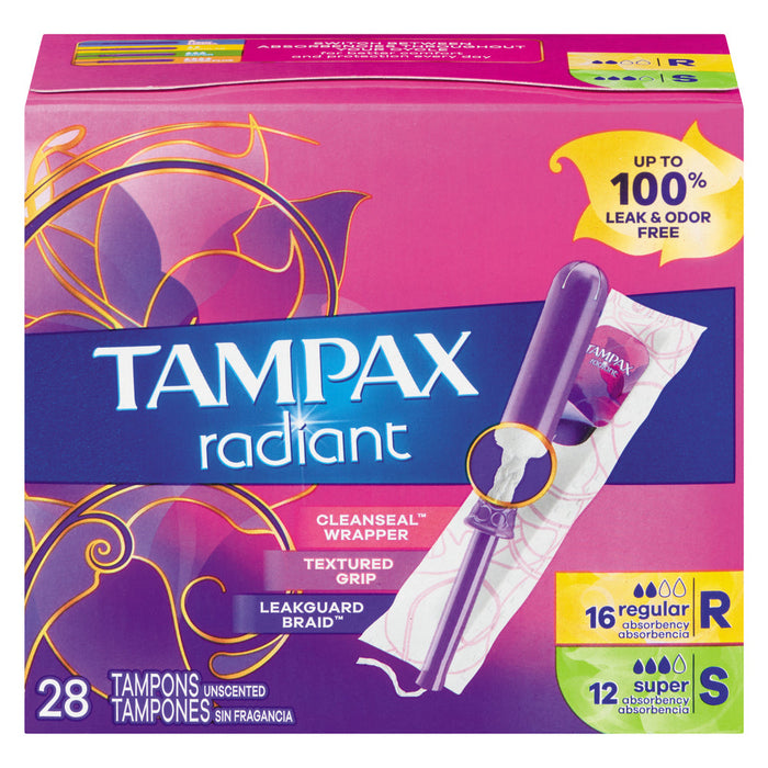 Tampax Radiant Tampons Duo Pack - Light/Regular Absorbency, LeakGuard Braid, Unscented by Pasteur Pharmacy