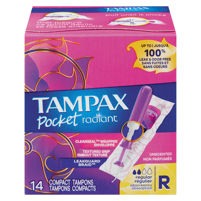 Tampax Pocket Radiant Compact Tampons Regular Absorbency With BPA-Free Plastic Applicator And LeakGuard Braid, Unscented by Pasteur Pharmacy