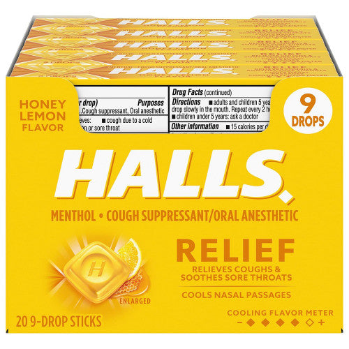 Halls Relief Honey Lemon Cough Drops - 9 Drop Stick by Pasteur Pharmacy