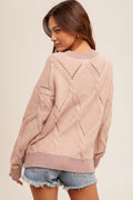 Round Neck Cable Knit Detail Sweater - Mauve by Boutique 23