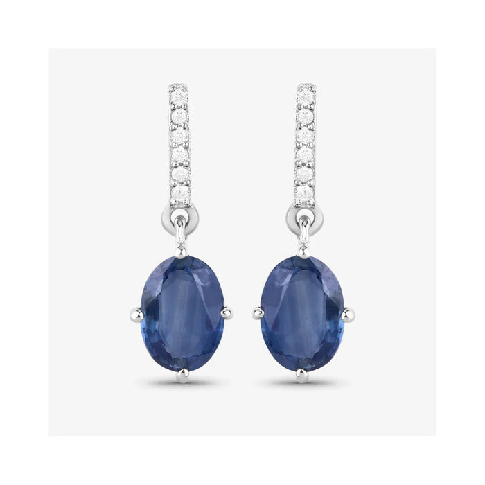 1.90 Ct Oval Blue Sapphire & Diamond Prong 10K Gold Dangle Earrings by Fine Color Jewels