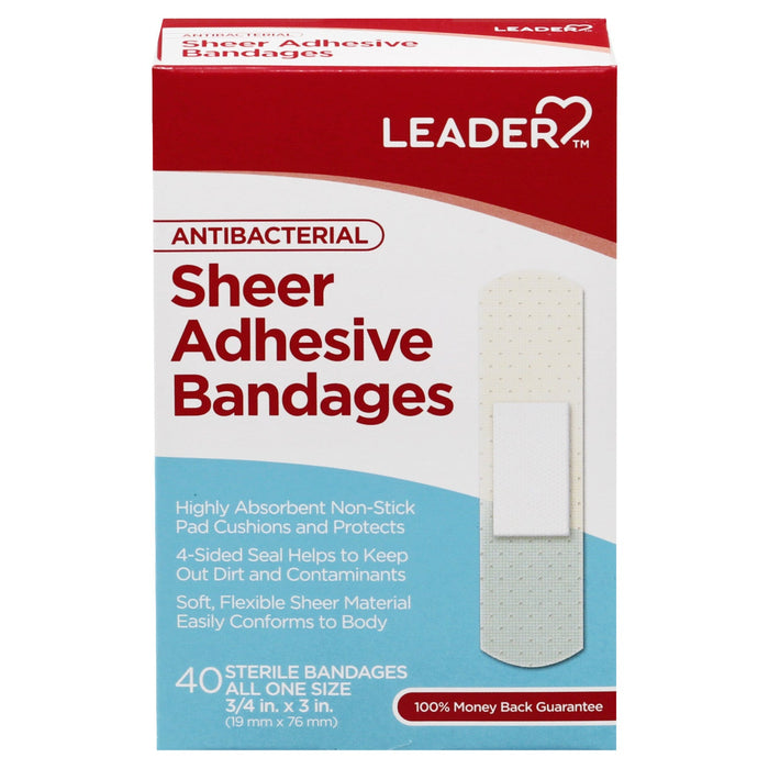 Leader Adhesive Bandages Sheer Antibacterial 0.75x3 In 40Ct by Pasteur Pharmacy