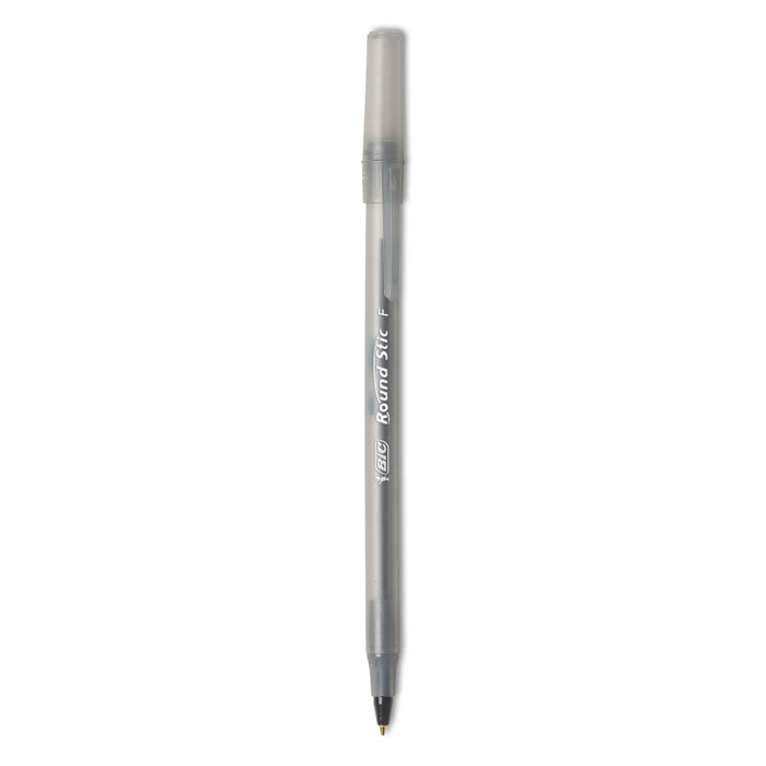 BIC Round Stic Xtra Precision Ballpoint Pen, Stick, Fine 0.8 mm, Black Ink, Smoke Barrel, Dozen