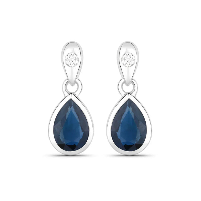 1.60 Ct Pear Blue Sapphire & Diamond Bezel 10K Gold Dangle Earrings by Fine Color Jewels