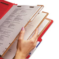 Smead Eight-Section Pressboard Top Tab Classification Folders with SafeSHIELD Fasteners, 3 Dividers, Legal Size, Bright Red, 10/Box