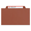 Smead Pressboard Classification Folders with SafeSHIELD Coated Fasteners, 2/5 Cut, 2 Dividers, Legal Size, Red, 10/Box