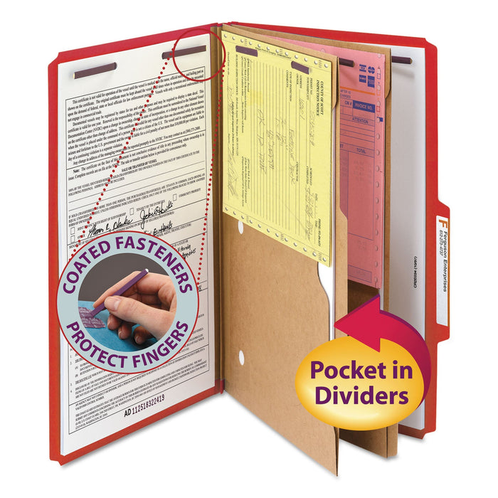 Smead 6-Section Pressboard Top Tab Pocket-Style Classification Folders with SafeSHIELD Fasteners, 2 Dividers, Legal, Red, 10/BX