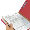 Smead Four-Section Pressboard Top Tab Classification Folders with SafeSHIELD Fasteners, 1 Divider, Legal Size, Bright Red, 10/Box