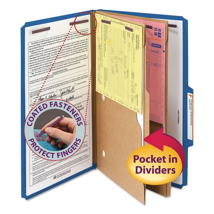 Smead 6-Section Pressboard Top Tab Pocket-Style Classification Folder, SafeSHIELD Fasteners, 2 Dividers, Legal, Dark Blue, 10/Box