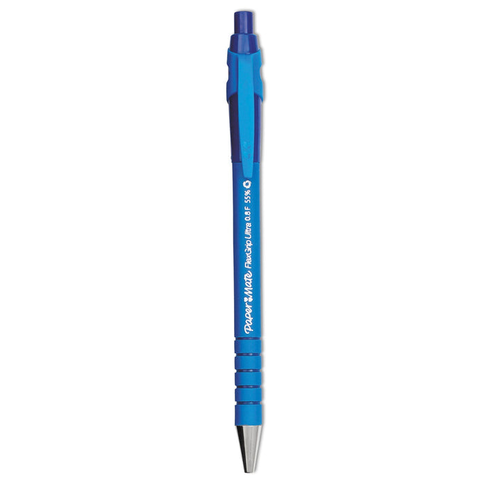 Paper Mate FlexGrip Ultra Ballpoint Pen, Retractable, Fine 0.8 mm, Blue Ink, Black/Blue Barrel, Dozen