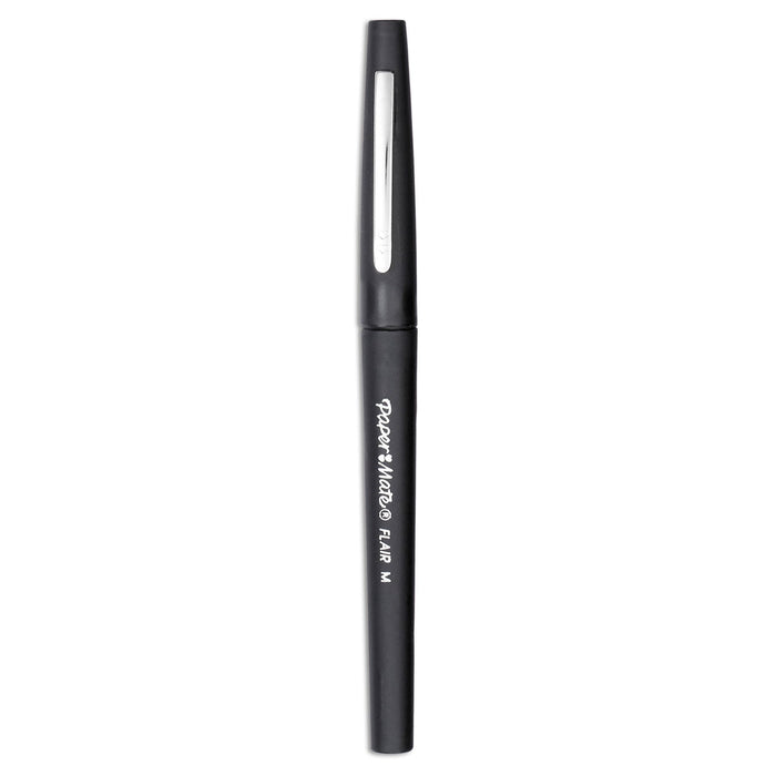 Paper Mate Point Guard Flair Felt Tip Porous Point Pen, Stick, Medium 0.7 mm, Black Ink, Black Barrel, Dozen