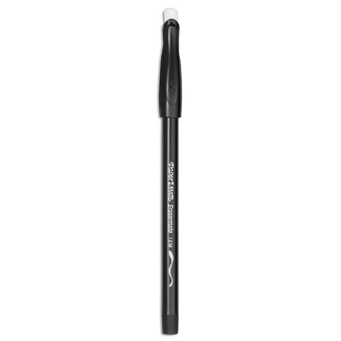 Paper Mate Eraser Mate Ballpoint Pen, Stick, Medium 1 mm, Black Ink, Black Barrel, Dozen