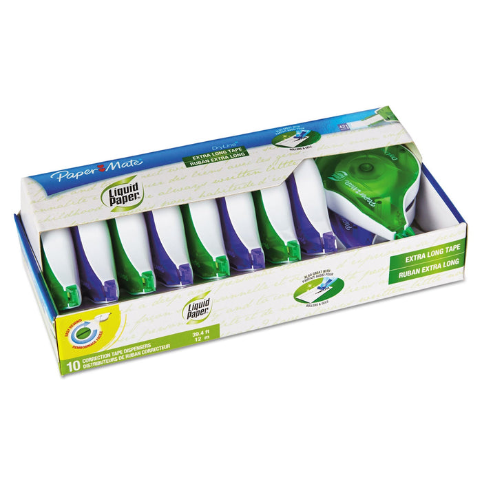 Paper Mate DryLine Correction Tape, Non-Refillable, Green/Purple Applicators, 0.17" x 472", 10/Pack