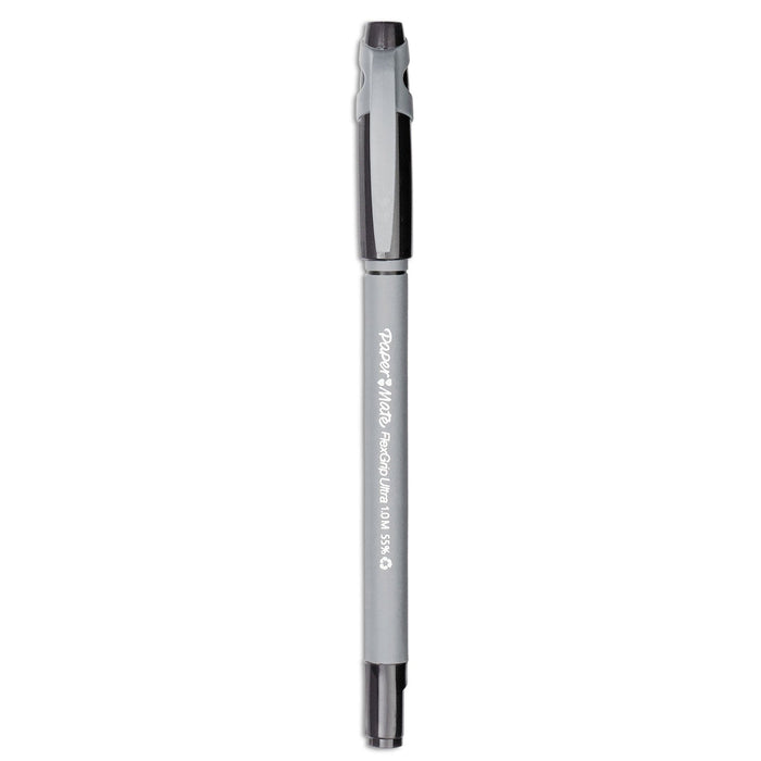 Paper Mate FlexGrip Ultra Ballpoint Pen, Stick, Medium 1 mm, Black Ink, Gray Barrel, Dozen