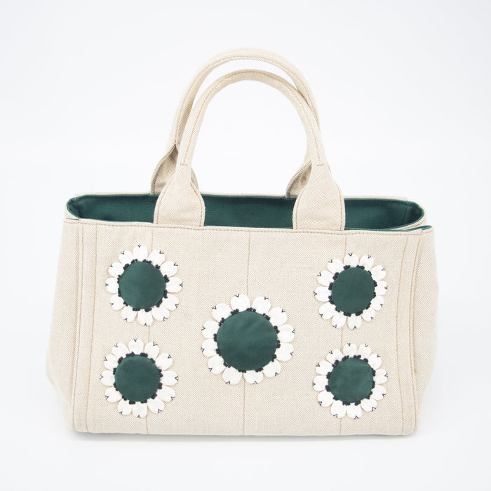 Prada Beige x Green Canapa Canvas x Satin Flower Tote Bag #2265 by Bolt Boutique