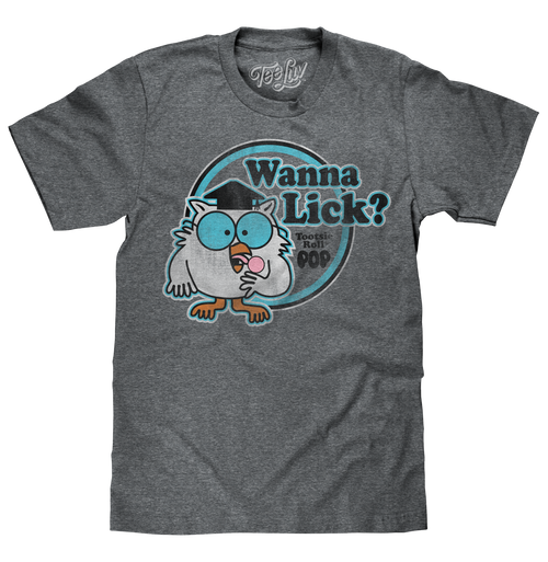 Tootsie Roll Pop Mr. Owl Wanna Lick? T-Shirt - Gray by Tee Luv