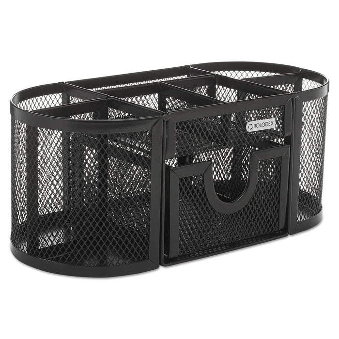 Rolodex Mesh Oval Pencil Cup Organizer, 4 Compartments, Steel, 9.38 x 4.5 x 4, Black