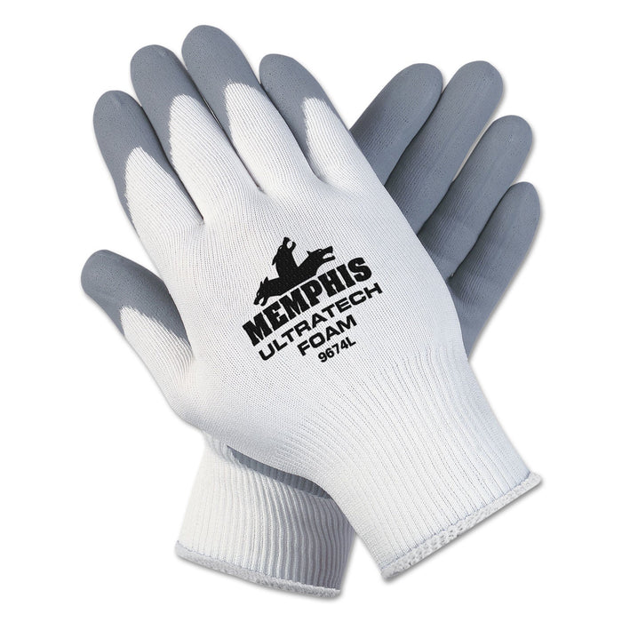 MCR Ultra Tech Foam Seamless Nylon Knit Gloves, Large, White/Gray, 12 Pair/Dozen