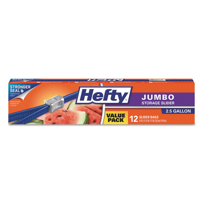 Hefty Slider Bags, 2.5 gal, 0.9 mil, 14.38" x 9", Clear, 12/Box