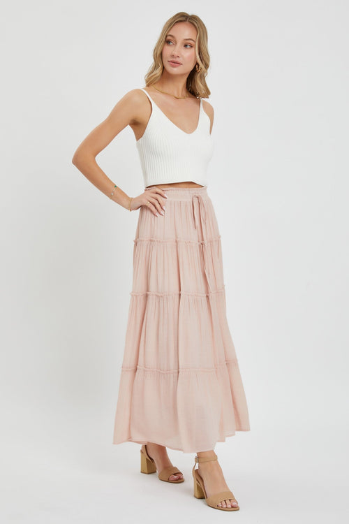 Casual Pull On Elastic Waist Tiered Maxi Skirt by Boutique 23