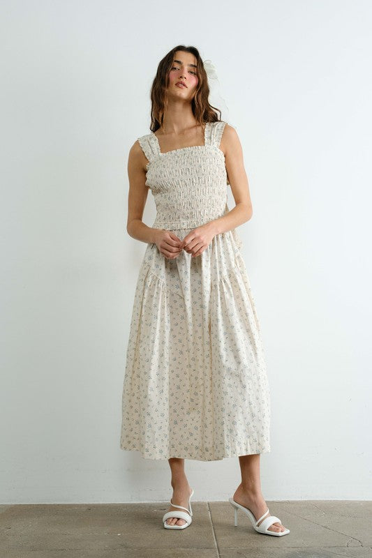 Margot Retro Bow Tie Back Smocked Midi Dress by Boutique 23