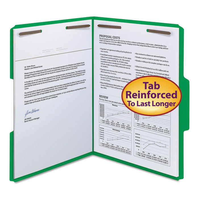 Smead WaterShed CutLess Reinforced Top Tab Fastener Folders, 2 Fasteners, Letter Size, Green Exterior, 50/Box