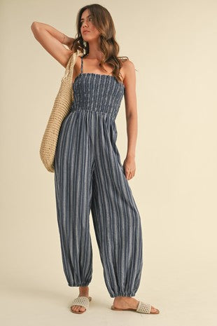 Spaghetti Strap Smocked Striped Balloon Jumpsuit by Boutique 23