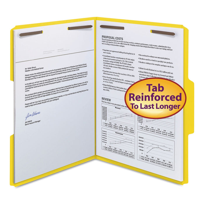 Smead WaterShed CutLess Reinforced Top Tab Fastener Folders, 2 Fasteners, Letter Size, Yellow Exterior, 50/Box