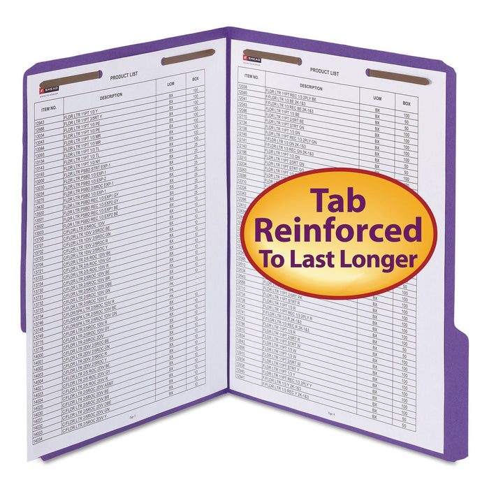 Smead WaterShed CutLess Reinforced Top Tab Fastener Folders, 2 Fasteners, Letter Size, Purple Exterior, 50/Box
