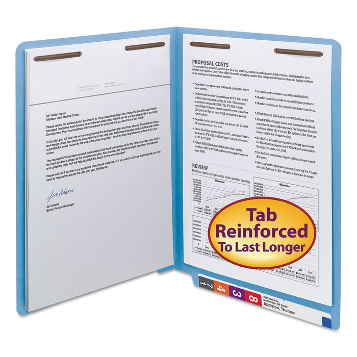 Smead WaterShed CutLess End Tab Fastener Folders, 2 Fasteners, Letter Size, Blue Exterior, 50/Box