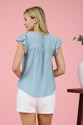 Lace Panel Short Ruffle Sleeve Blouse - Light Teal by Boutique 23