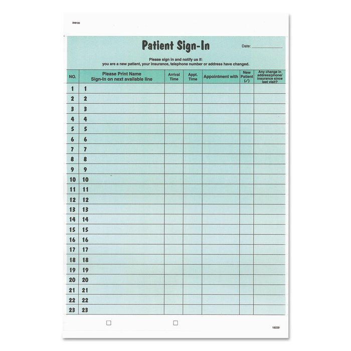 Tabbies Patient Sign-In Label Forms, Two-Part Carbon, 8.5 x 11.63, Green, 1/Page, 125 Forms