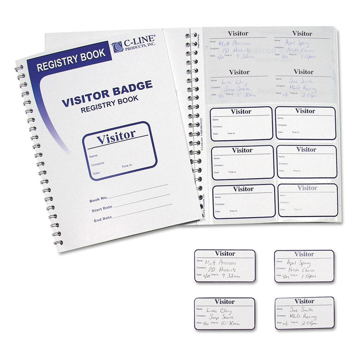 C-Line Visitor Badges with Registry Log, 3 5/8 x 1 7/8, White, 150 Badges/Box