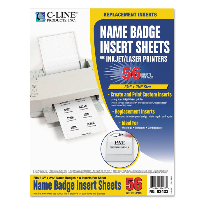 C-Line Name Badge Inserts, 3 1/2 x 2 1/4, White, 56/Pack