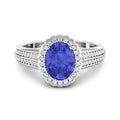1.56 Ct Oval Violet Tanzanite and White Diamond Prong 14k Gold Halo Pave Bridge Engagement ring by Fine Color Jewels