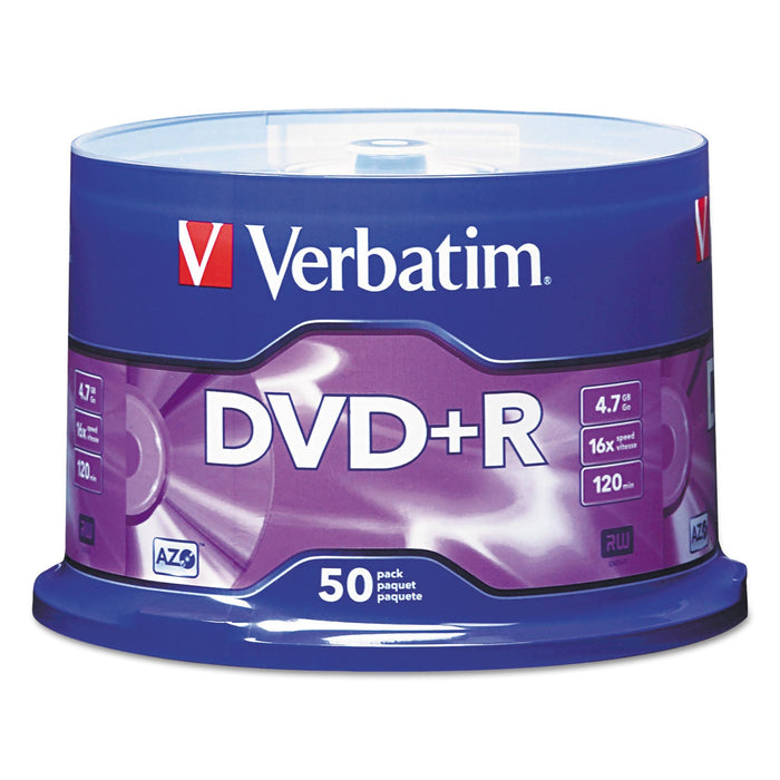 Verbatim DVD+R Recordable Disc, 4.7 GB, 16x, Spindle, Matte Silver, 50/Pack