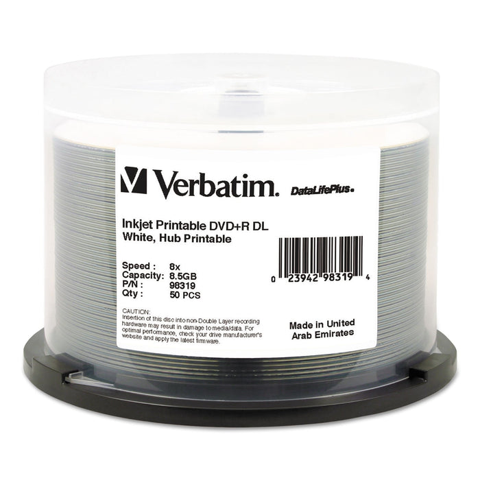 Verbatim DVD+R Dual Layer Printable Recordable Disc, 8.5 GB, 8x, Spindle, White, 50/Pack