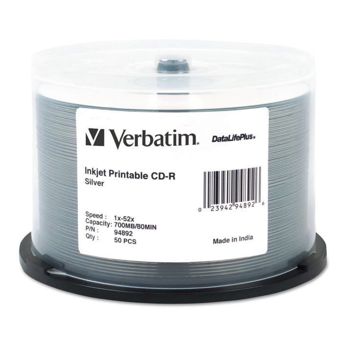 Verbatim CD-R DataLifePlus Printable Recordable Disc, 700 MB/80 min, 52x, Spindle, Silver, 50/Pack