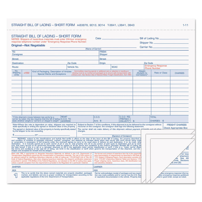 TOPS Hazardous Material Short Form, Four-Part Carbonless, 8.5 x 7, 1/Page, 50 Forms