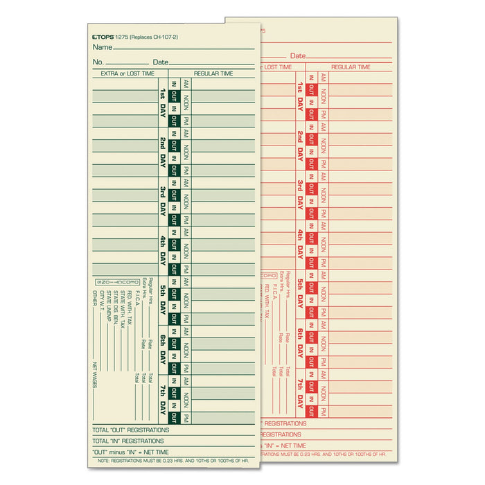TOPS Time Clock Cards, Replacement for CH-107-2, Two Sides, 3.5 x 9, 500/Box