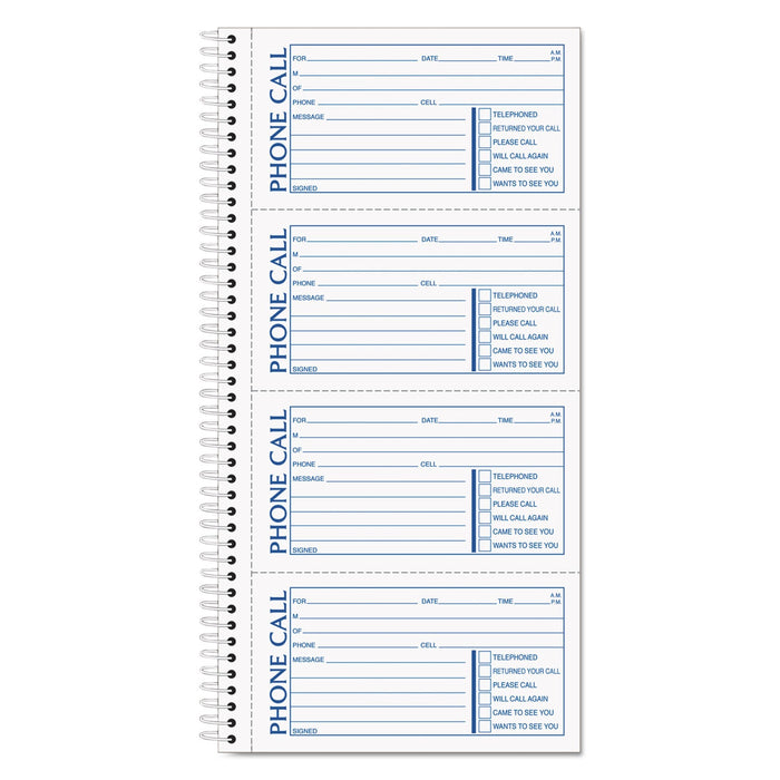 TOPS Spiralbound Message Book, Two-Part Carbonless, 2.75 x 5, 4/Page, 200 Forms