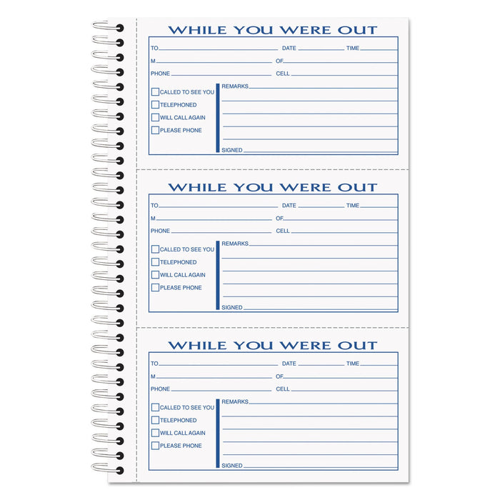 TOPS Spiralbound Message Book, Two-Part Carbonless, 2.83 x 5, 3/Page, 300 Forms