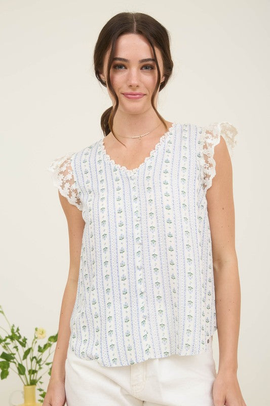 Stripe Floral V Neck Lace Trim Button Down Blouse by Boutique 23