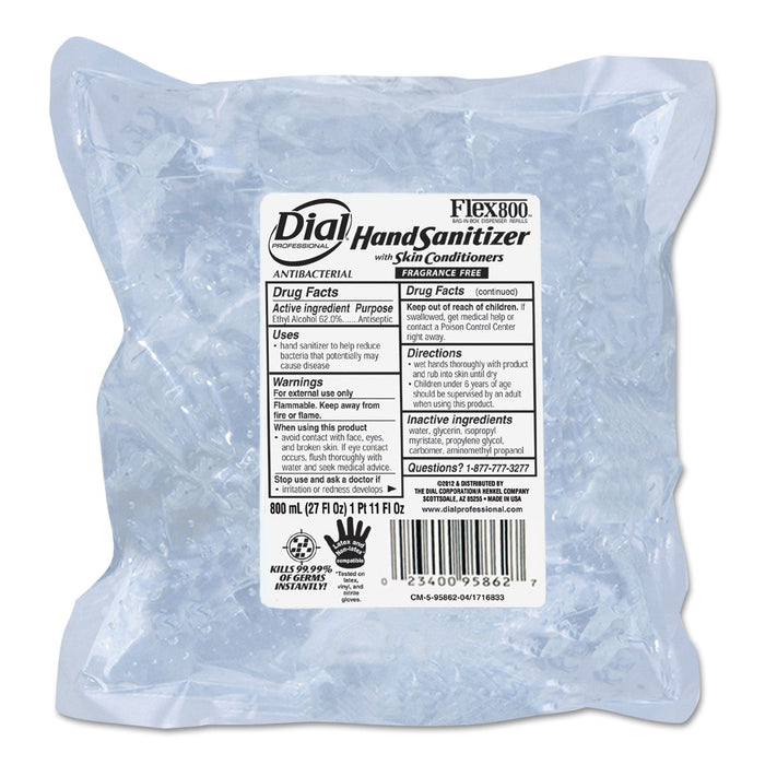 Dial Antibacterial Gel Hand Sanitizer for Dial 800 mL Dispenser, 800 mL Refill, Fragrance-Free, 12/Carton