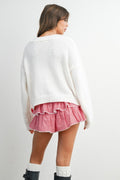 Heart Pattern Cropped V-Neck Cardigan by Boutique 23