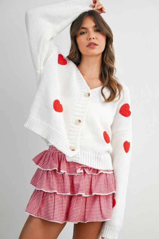 Heart Pattern Cropped V-Neck Cardigan by Boutique 23