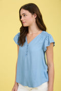 V Neck Half Button Ruffle Sleeve Chambray Top by Boutique 23
