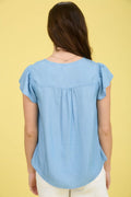 V Neck Half Button Ruffle Sleeve Chambray Top by Boutique 23
