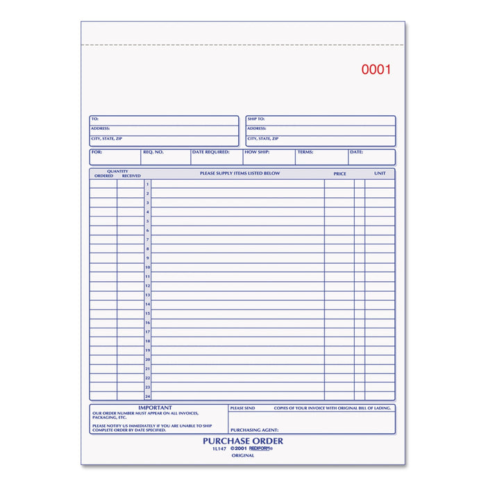 Rediform Purchase Order Book, Three-Part Carbonless, 8.5 x 11, 1/Page, 50 Forms