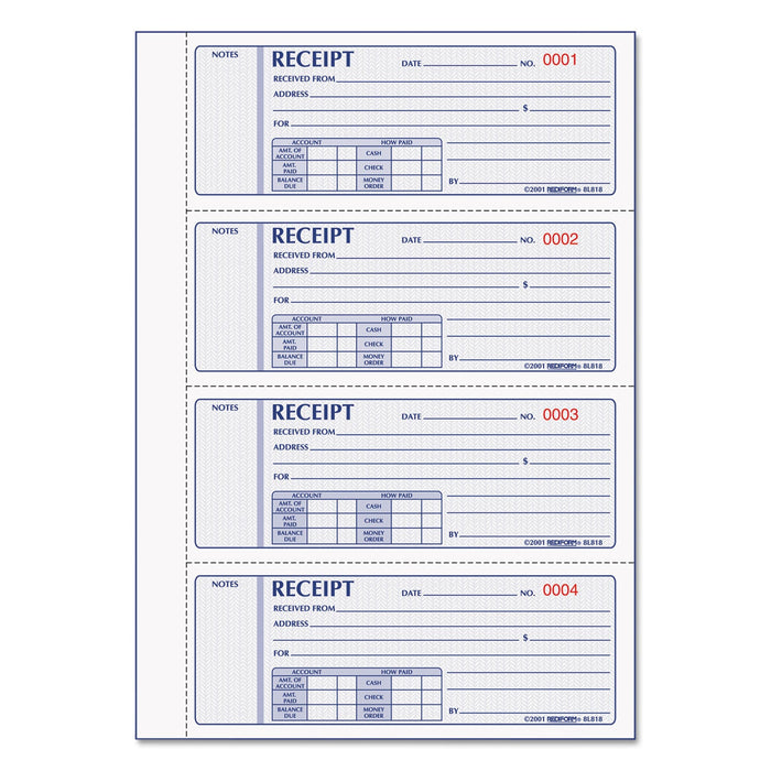 Rediform Money Receipt Book, Three-Part Carbonless, 7 x 2.75, 4/Page, 200 Forms